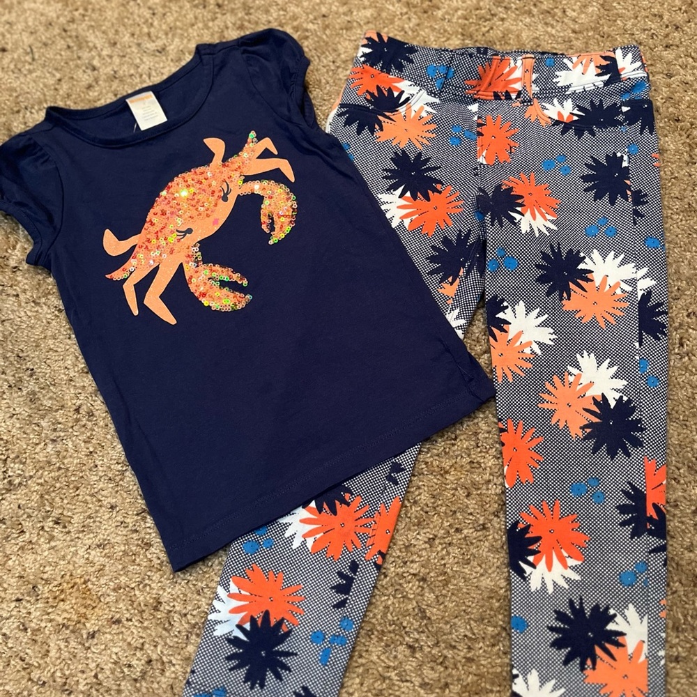 Gymboree girls 2pc pant set size 5, navy blue and coral with crab 🦀 on shirt